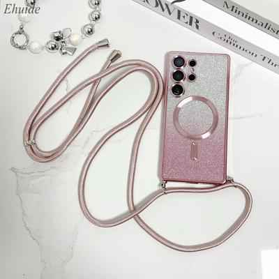 Magnetische Hülle mit Band für Samsung S25 Ultra Galaxy S24 FE S21 S26 S22 S23 Plus A56 Kabelloses Glitzer-Beschichtung Crossbody-Lanyard-Abdeckung