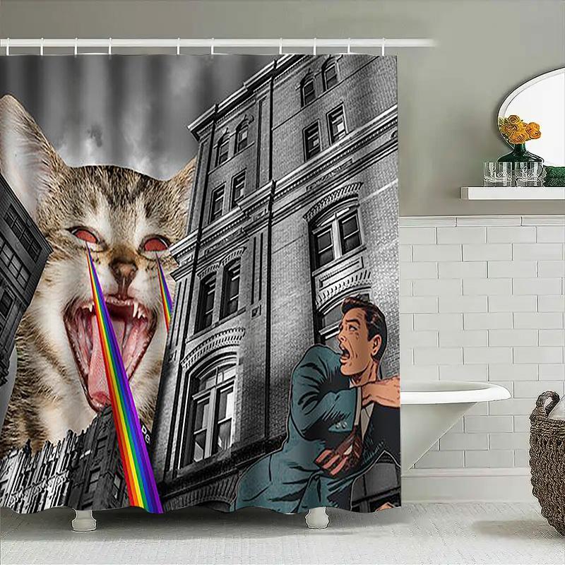 

Rainbow Laser Cat in City Waterproof Shower Curtain Heat Resistant Machine Washable Non-Transparent 180x180cm 90X180cm(35x70in)