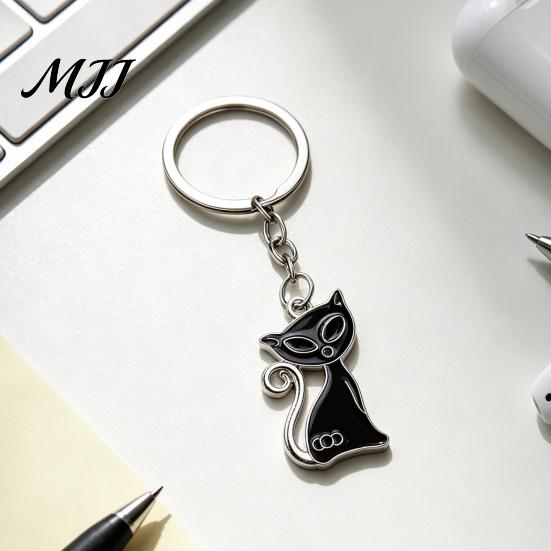 Metal Key Ring 2Pcs Black White Cat Keychain for Backpacks, Oil Dripping Enamel Kitten Ring, Bag Schoolbag Charm Decoration Accessories