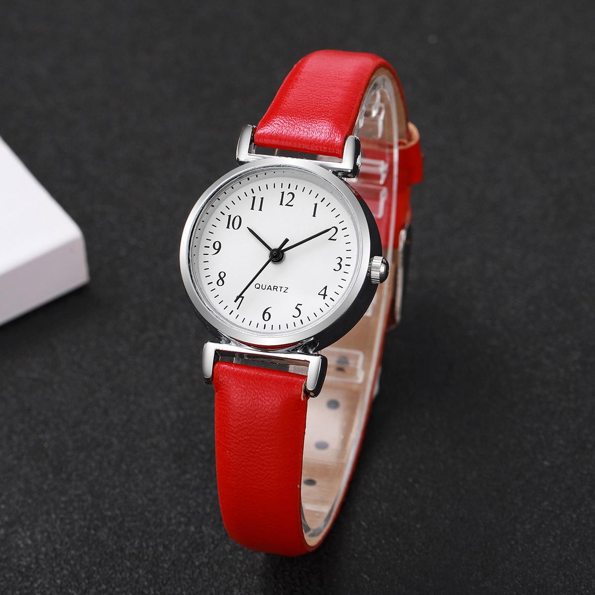 Женские часы Простой кожаный ремешок Аналоговые кварцевые наручные часы для дам Часы красный