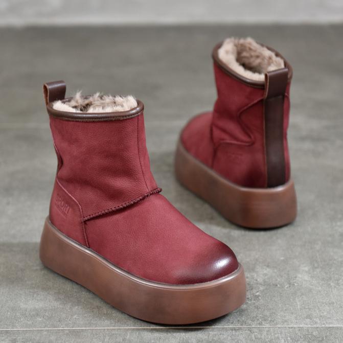 Johnature Genuine Leather Thick Soled Snow Boots Round Toe And Thickened Plush Warm Women's Cotton Boots