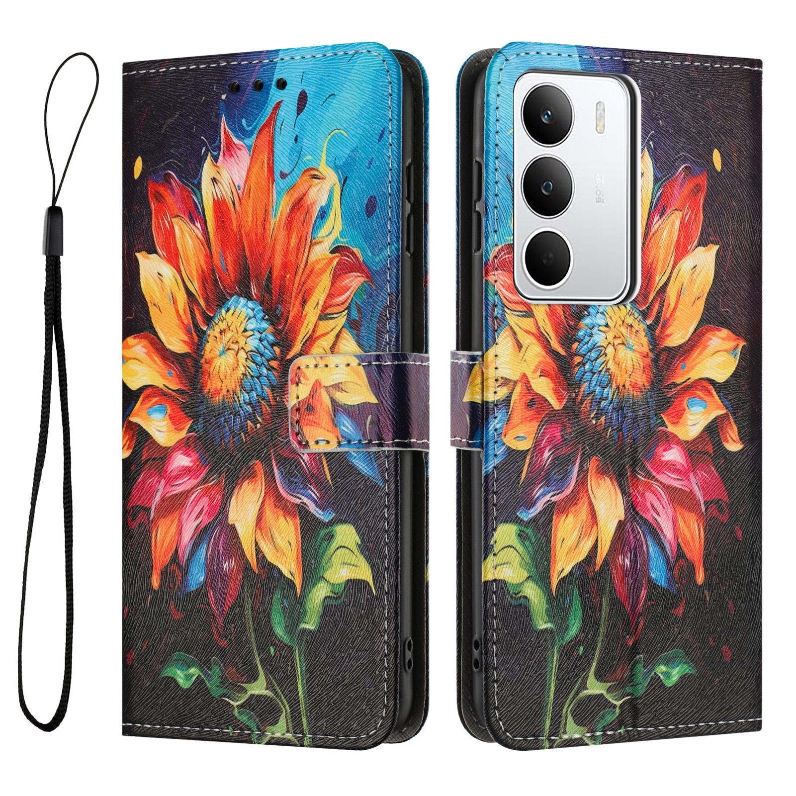 

For Realme C71 4G Wallet Case Pattern Printing PU Leather Phone Cover with Lanyard Sunflower