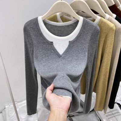 European Fake Two V-neck Sweater Women's 2025 Spring Korean Version Contrasting Color Splicing Inner Top Long-sleeved Knitted Base