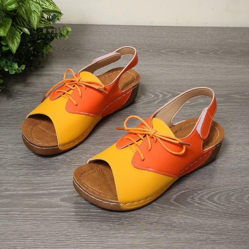 

Сандалии большого размера с цветными блоками. Женские туфли на толстой подошве. Туфли на танкетке. Пляжные шлепанцы на липучках и шнуровке. 39 жёлтый/оранжевый