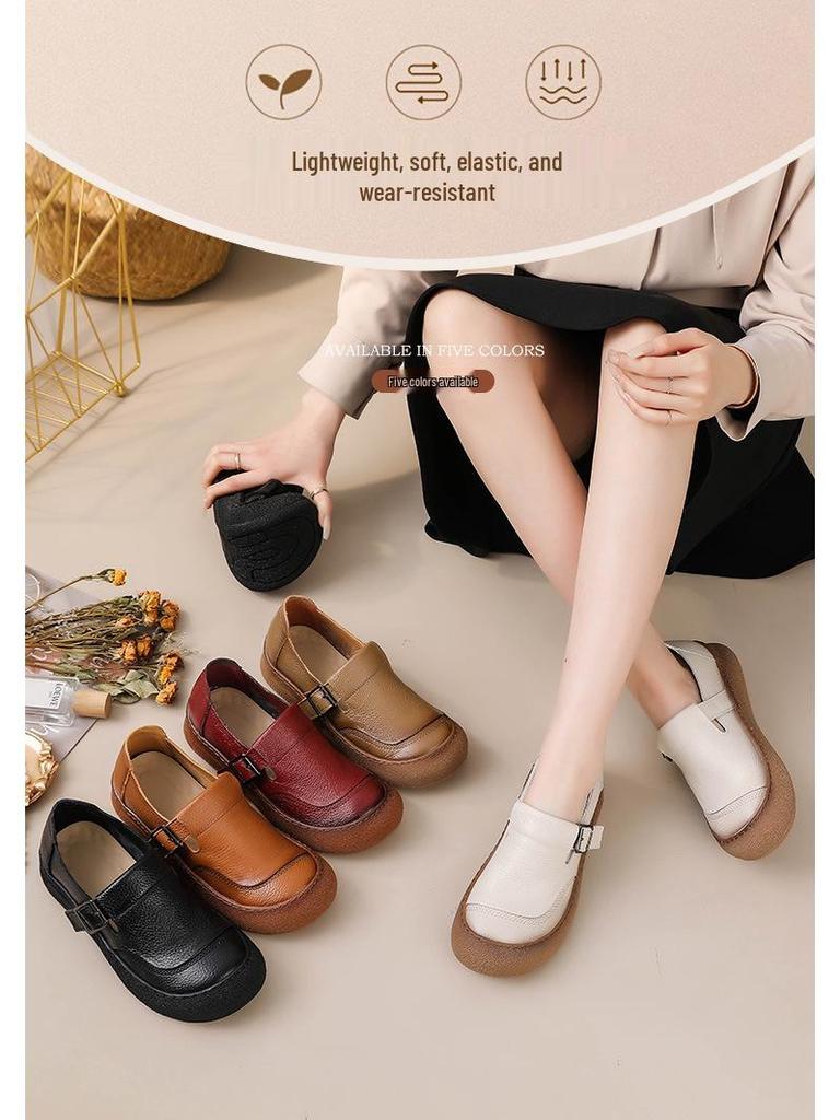 Pantofi de damă retro din piele de vacă cu vârf rotund și talpă moale - Stil versatil pentru primăvara 2025