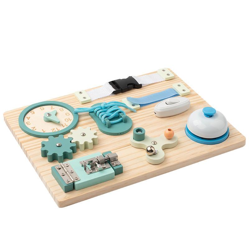 

Wooden Blue Clock Busy Board With Educational Activities For Toddler Learning