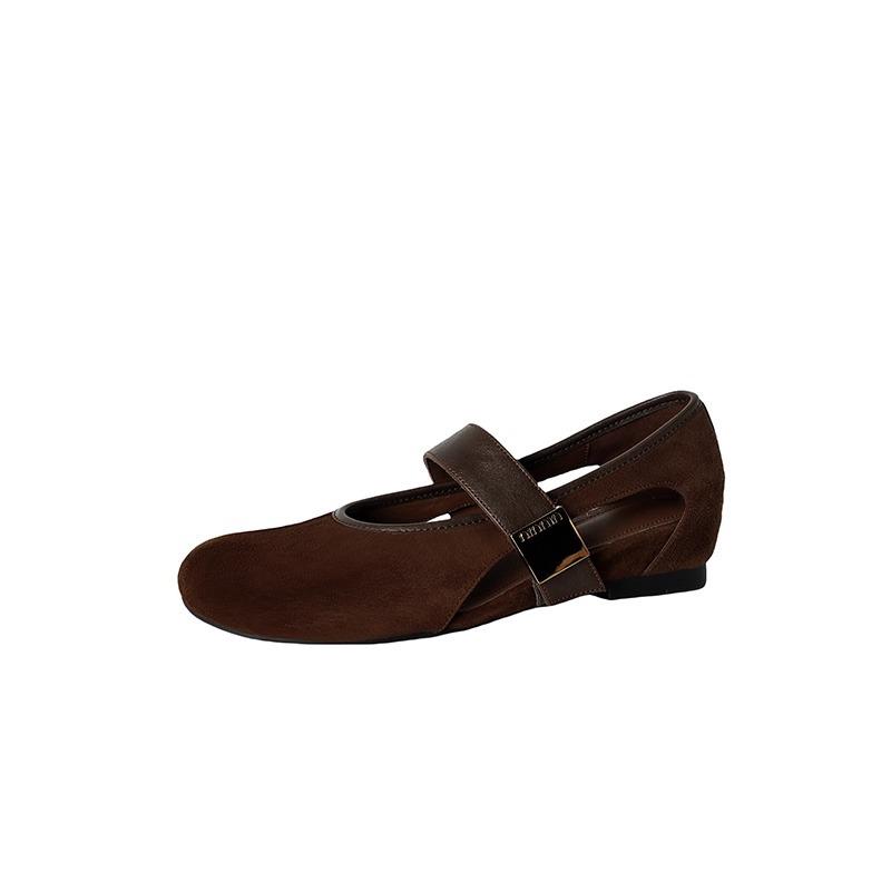 

Sheepskin version~ round head hollow word with simple Mary Jane shoes women s versatile inner height increase French shallow mouth small single shoes 40 темно-коричневого