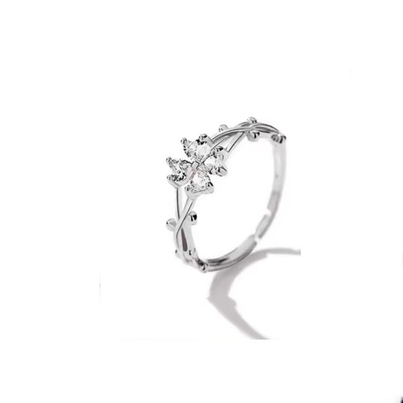 Crystal Four-Leaf Clover Women's Trendy Index Ring with Heart Design