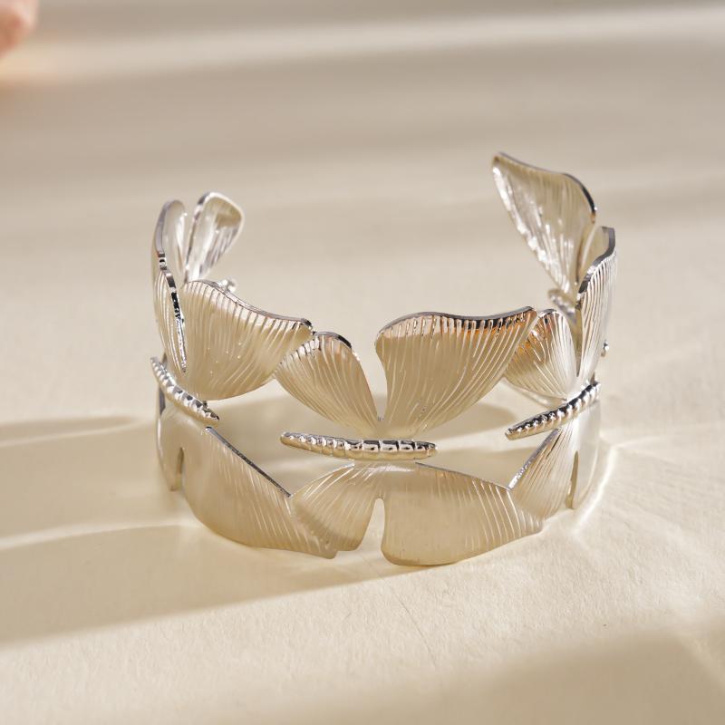 Vintage Ginkgo Leaf Butterfly Open Cuff Bangle Gold Silver Wide Statement Bracelet For Women Boho Party Jewelry