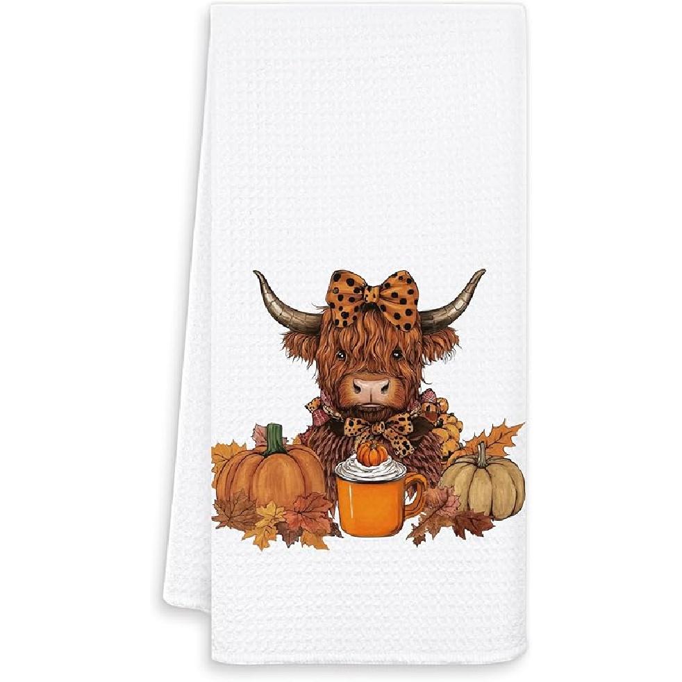 Fall Pumpkin Cow Kitchen Towels, Rustic Farm Animal Floral Pumpkin Dish Tea Towel for Kitchen Decor, Farmhouse Fall Autumn Hand Towels for Bathroom