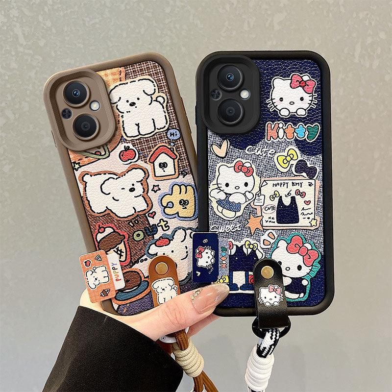 Lychee Pattern Puppy Phone Case with Cute Hand Strap for OPPO A58, A96, A17K, A3 PRO
