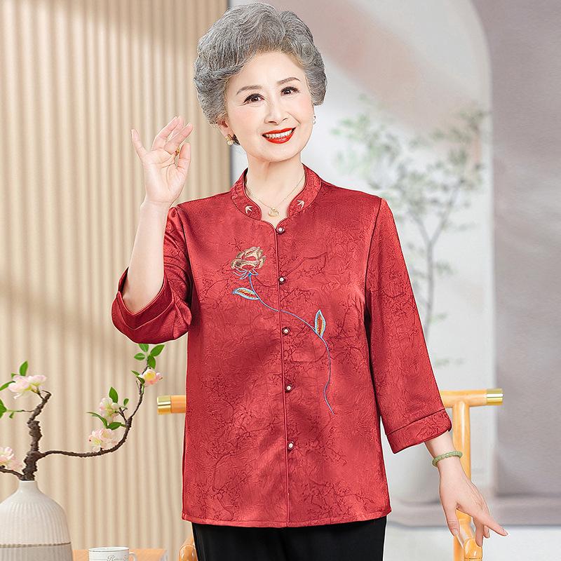 Elderly Women's Ethnic Spring Top - Seven Sleeve, Loose Fit, Fashionable for 60s & 70s Grandma