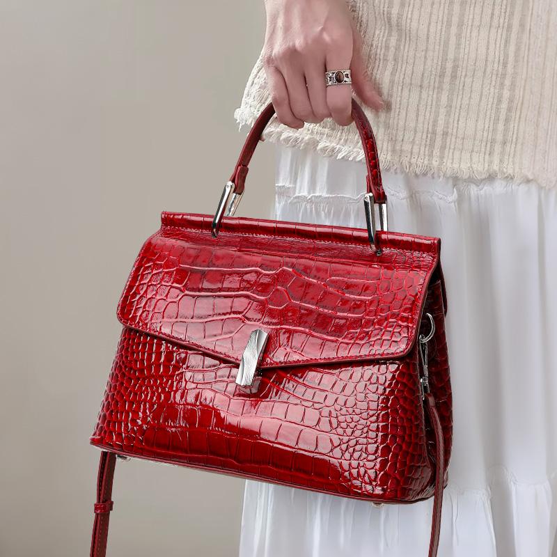 Vintage Patent Leather Crocodile Embossed Kelly Bag, Red Bridal Wedding Handbag, Elegant Glossy Leather Mini Top Handle Crossbody Purse for Women M красный