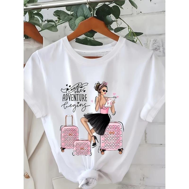 

European Size Women s Travel Themed T-Shirt - Casual Round Neck Short Sleeve Top Suitable for Travelers, Casual Attire & Gifts for 4XL білий