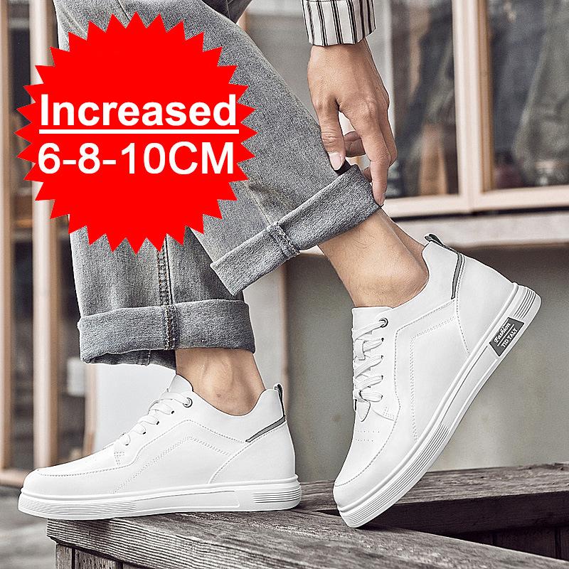 New Men Fashion Elevator Shoes Premium Leather Invisible Height Increase 6/8/10CM White Sneakers Cortex Heightening Casual Shoes
