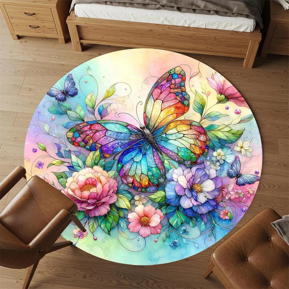 1 stuks Vlinder Bloemen Ronde Stoelmat kantoor Vloerkleed - Antislip, Vloermat voor Kantoor, Slaapkamer, Ideaal woondecoratie cadeau c0112001