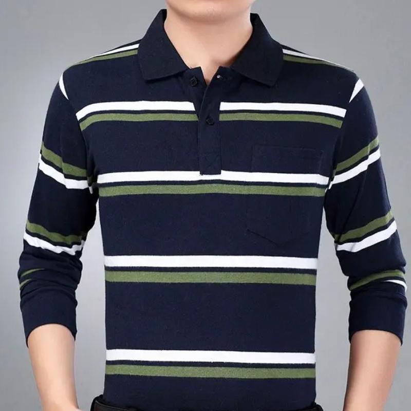 Camisas polo listradas masculinas da moda, novas camisas polo coreanas para negócios, primavera/outono, casuais, manga comprida, bolsos na lapela, roupas masculinas, tops de algodão, 2025