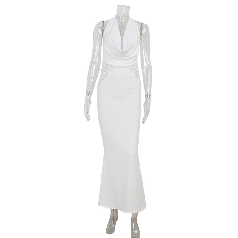 European and American Dresses, Lace Splicing Temperament Hanging Neck V-neck Backless Waist Thin Fish Tail Hip Skirt Mopping Skirt