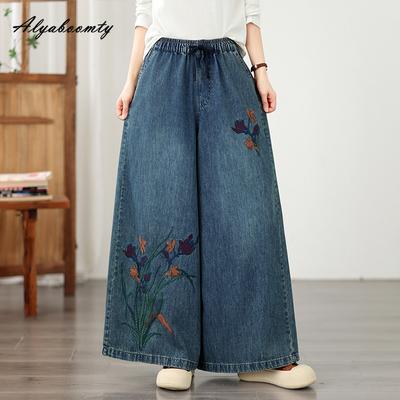 Spring Fall Large Size Women Vintage Jeans High Waist Drawstring Floral Embroidery Retro Straight Denim Pants Classical Oversized Blue Wide Leg Jeans