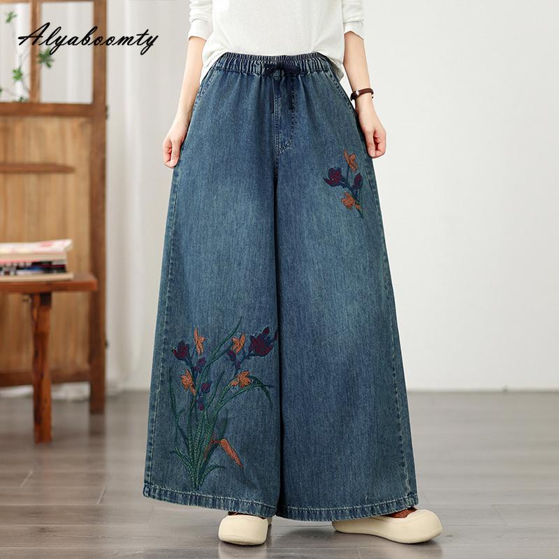 Spring Fall Large Size Women Vintage Jeans High Waist Drawstring Floral Embroidery Retro Straight Denim Pants Classical Oversized Blue Wide Leg Jeans