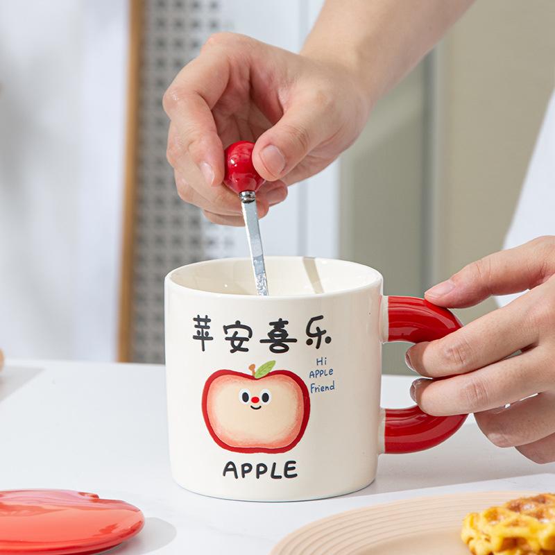 Cartoon Fruit Ceramic Mug, High-value Coffee Cup with Lid Spoon, Blessing Text, Gift Water Cup for Girls
