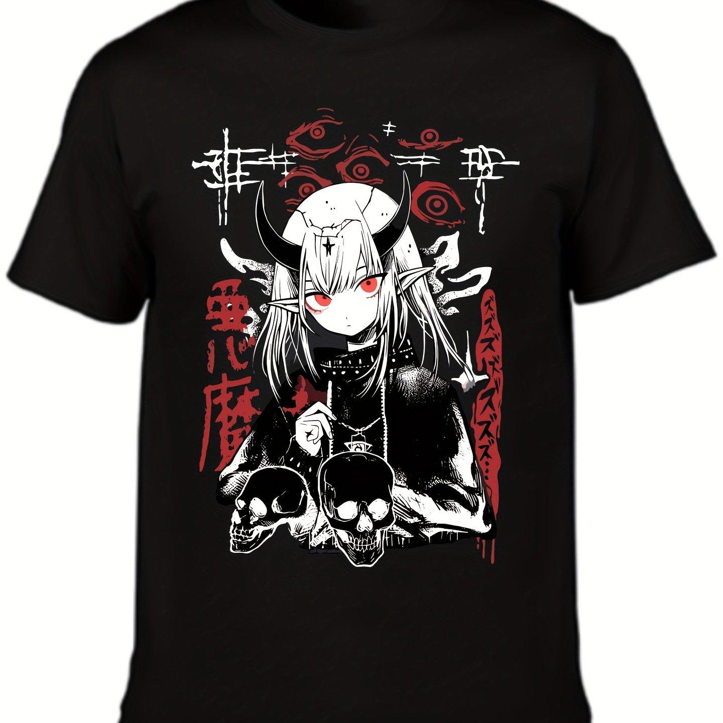Womens Black Graphic Print TShirt Edgy Skull Horns Design with Red Accents Short Sleeve Crew Neck Casual Top Lightweight S