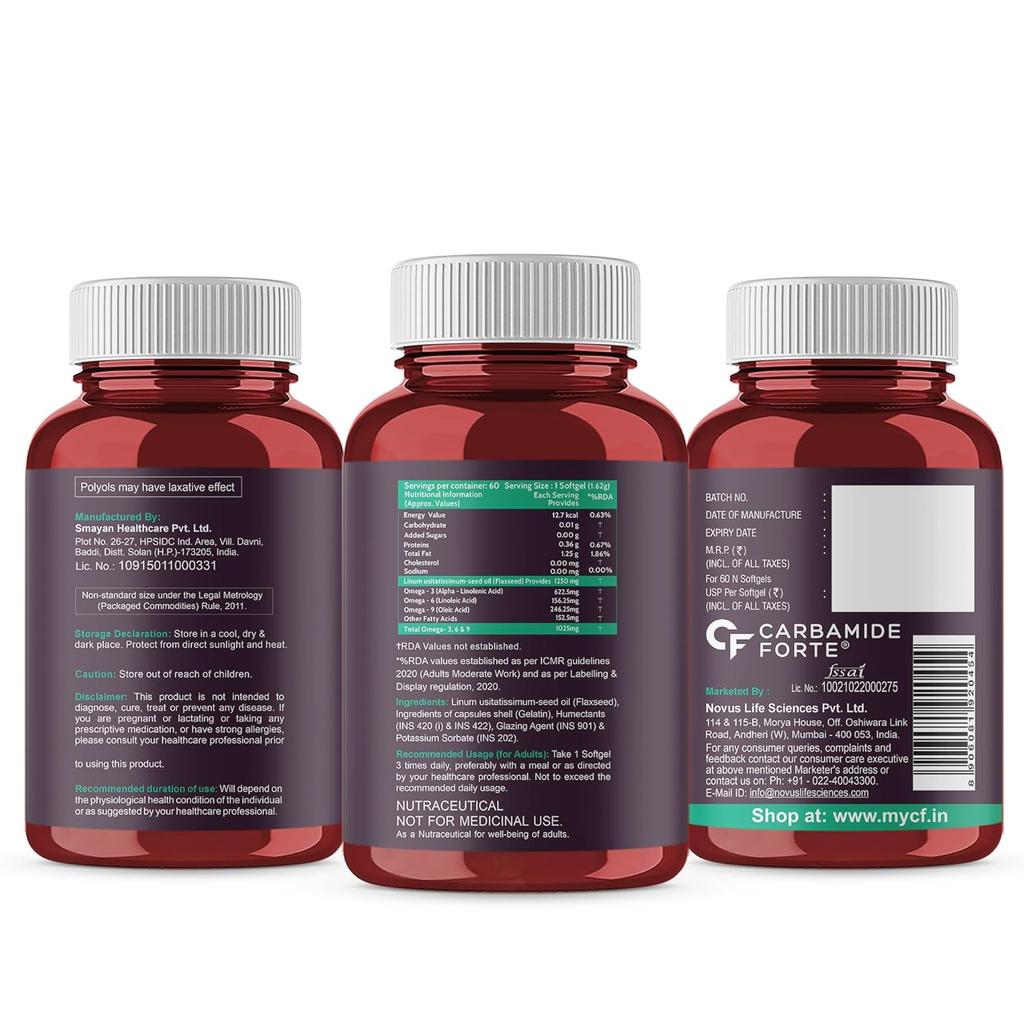 Carbamide Forte Kaltgepresste Omega 3 6 9 Kapseln 1250 mg Pflanzenbasiert Tägliche Wellness-Unterstützung 60 Kapseln