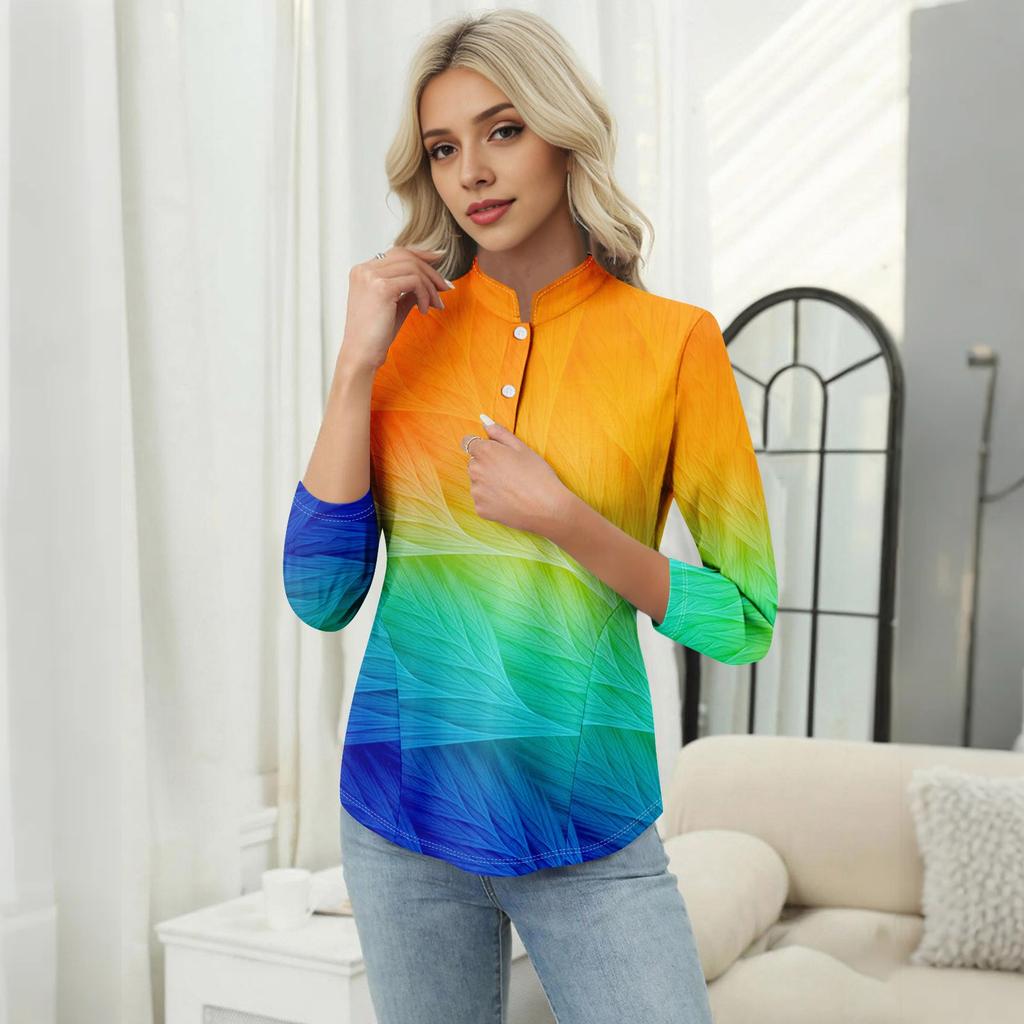 Haut T-shirt Décontracté pour Femme à Imprimé Floral, Col en V, Manches 3/4, Bouton Décoratif
