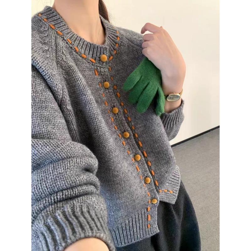Contrasting Color Rope Design Sense Knitted Cardigan Spring New Round Neck Loose Single-breasted Sweater Jacket Women