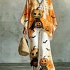 Plus Size Women's Casual Halloween Pumpkin Bat Sleeve Irregular Hem Shirt and Wide Leg Pants