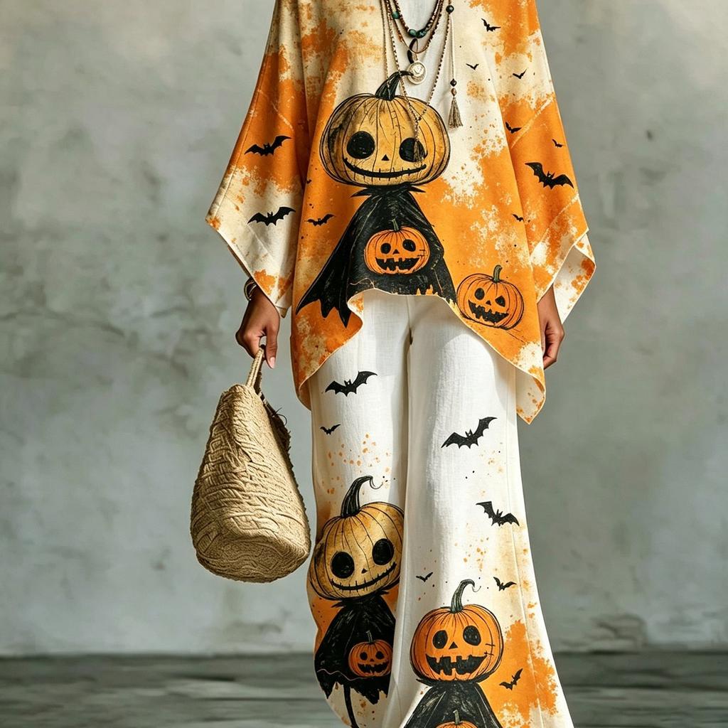 Plus Size Women's Casual Halloween Pumpkin Bat Sleeve Irregular Hem Shirt and Wide Leg Pants