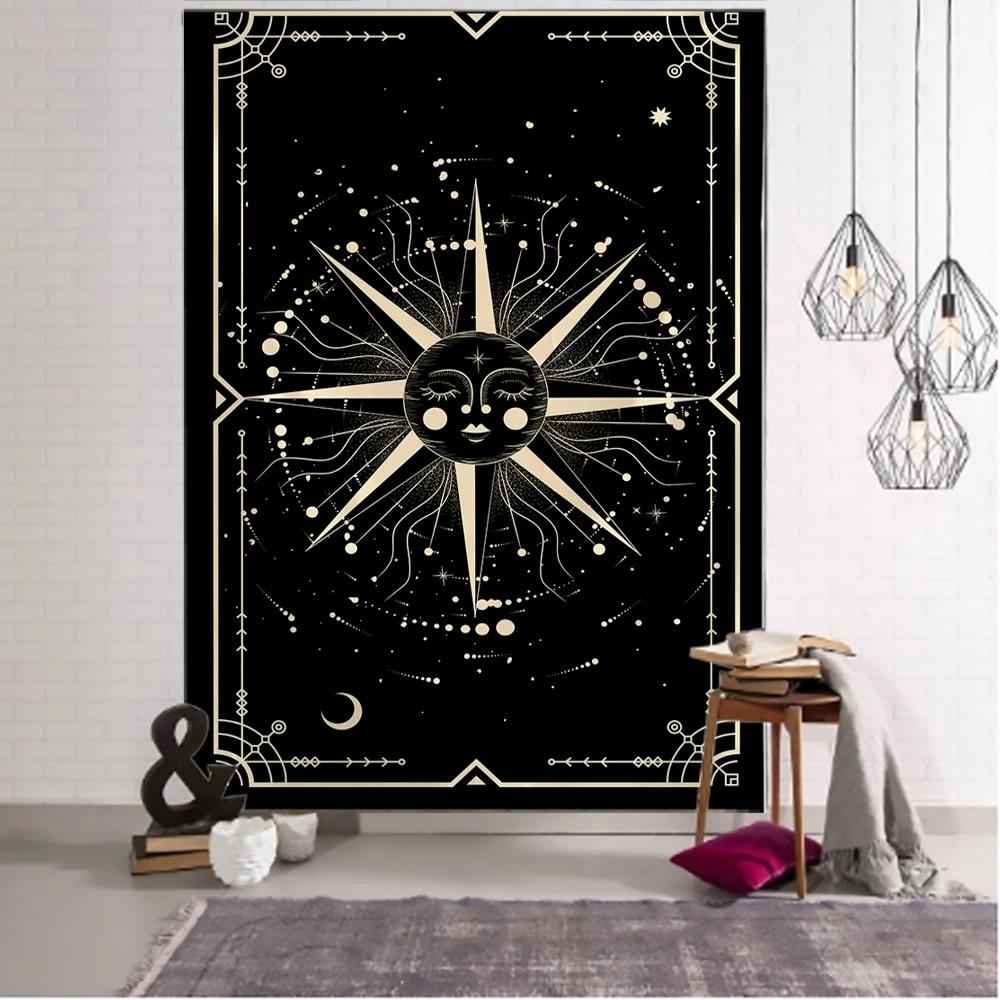 Witchcraft Tarot Tapestry Wall Hanging Black Khaki Sun Moon Starry Universe Geometric Pattern Dormitory Home Decoration Curtains