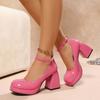 2025 Summer Fashion Ankle Strap Thick Sole High Heels  Round Toe Mary Jane Shoes New Women's Casual Wedding Bride Red High Heels