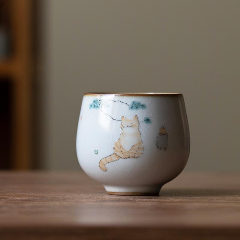 1 Pc Chinese Tradition Ru Kiln Ceramic Tea Cup Handmade Cute Cat Teacup Household Personal Tea Bowl Travel Master Cup Tea Set