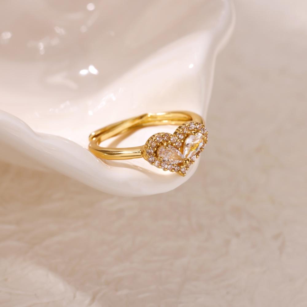 Zircon Colored Heart Ring For Women Gold Color Stainless Steel Heart Adjustable Ring Wedding Anniversary Waterproof Jewelry Gift