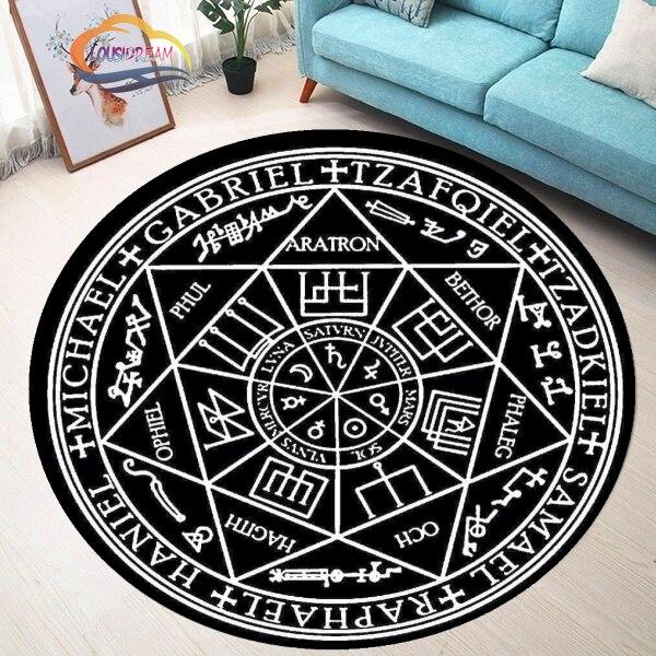 Tapis rond à motifs pentagramme soleil, tapis piège du diable satan, pentagramme blanc sur tapis noir, tapis surnaturel, tapis runique