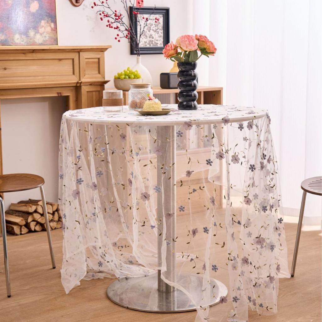 Boho Floral Embroidered Lace Tablecloth Sheer Tulle Table Cover Vintage Aesthetic Table Runner for Shower Birthday Wedding Party