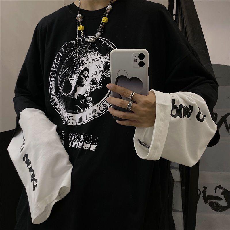 Fake Two-piece Original Diablo Anime Letter Printed Top Spring and Autumn Loose Hip-hop All-match Men's Long-sleeved T-shirt