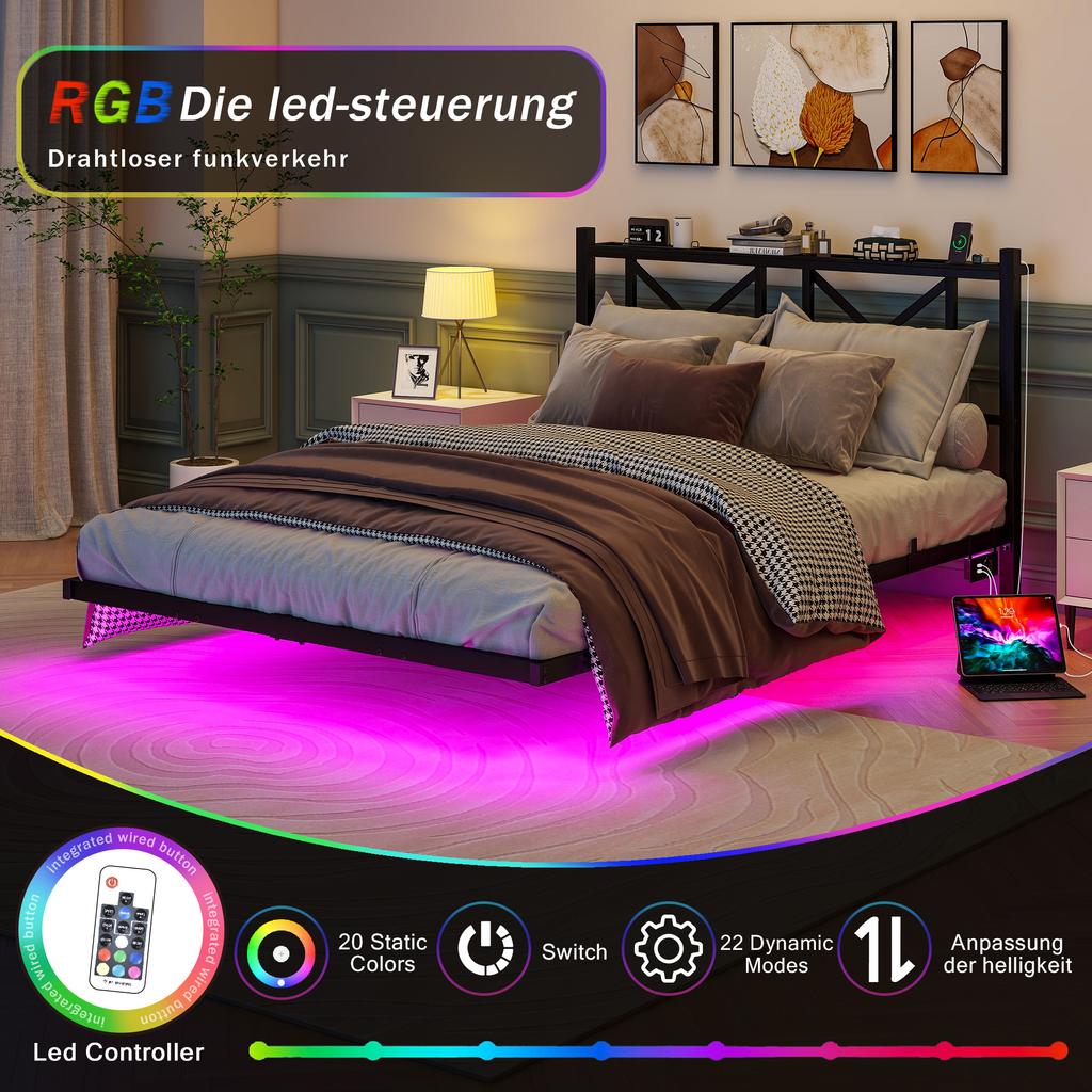 140x200 cm, Double Bed Frame with LED Lighting and Charging Station, Headboard, Metal Bed, Robust and Stable, Easy Assembly (without Mattress
