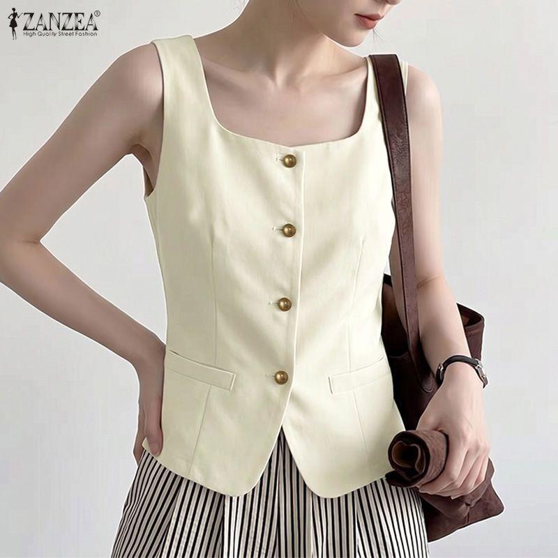 ZANZEA Canottiere Casual da Donna con Scollo a U, Colore Unico, Vestibilità Larga, Senza Maniche