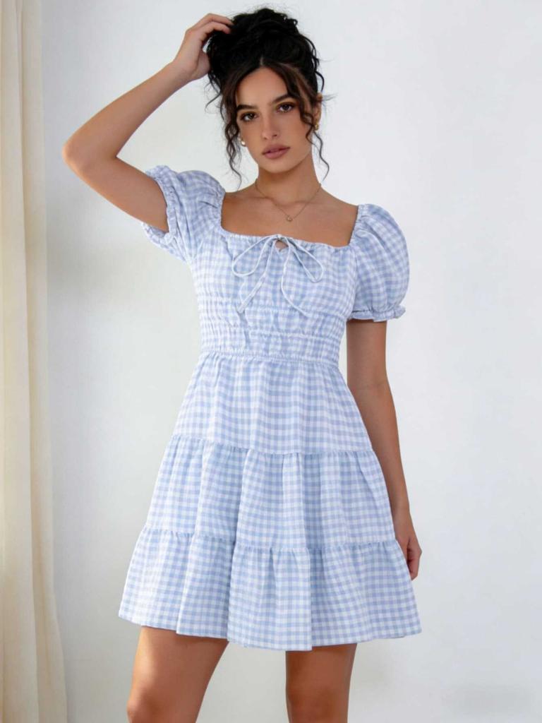 Nuovo vestito scozzese francese da donna maniche a sbuffo vita gonna a trapezio fresco e dolce gonna corta abbigliamento estivo da donna