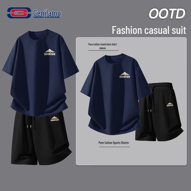 GENIOLAMODE Men s Geometric Mountain T-Shirt & Shorts Set M
