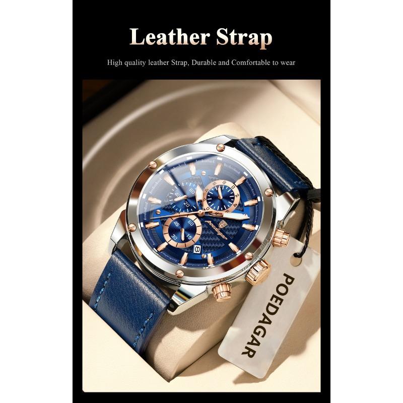 POEDAGAR Business Man Watch Waterproof Luminous Chronograph Date Original Watches for Men Leather Luxury Quartz Wristwatch