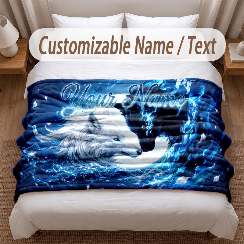 Wolf Theme Soft Blanket Personalized Custom Name Text Print Warm Blanket Home Sofa Bedroom Decor