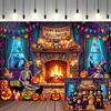 7X5ft Happy Halloween Backdrop Haunted Fireplace Skeleton Evil Pumpkin Black Cat Photography Background for Kids Hallowe