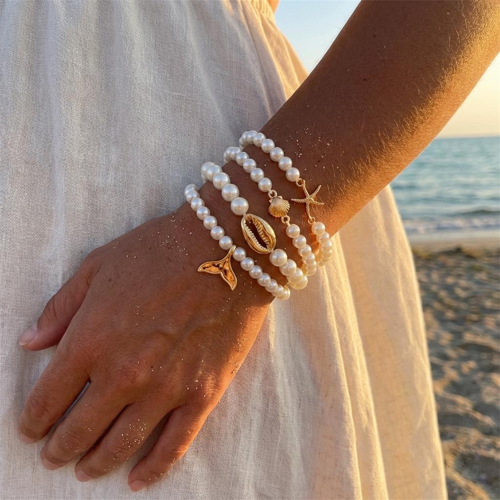 4PCS/Set French Pearl Bracelet for Women Summer Vacation Sea Star Shell Fish Tail Pendant Stacking Versatile Hand Jewelry
