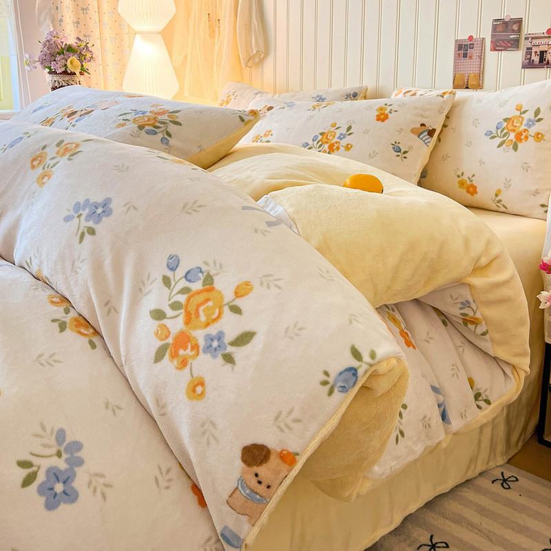 Winter Milk Fleece Bedding Set Coral Thick Sheet Duvet Cover Student Dorm
