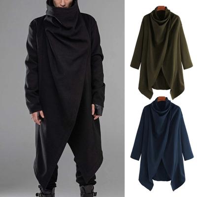 Men Cloak Coat High Collar Long Sleeve Street Style Windbreaker Solid Color Irregular Hem Mid-Length Outwear Punk Style Winter Outerwear