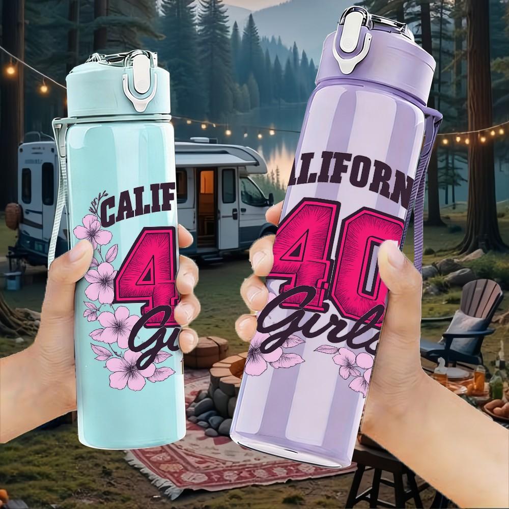 1PC California 40 Girly Floral Print 750ml Color Plastic Sports Water Bottle Leakproof Flip Straw Lid Suitable for Sports Office Home Use
