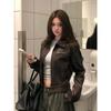 Women's Vintage Cropped Faux Leather Jacket Casual Retro Lapel Short Moto Biker Coat